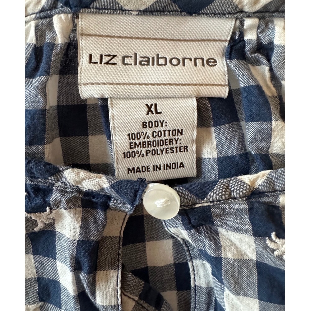 Liz Claiborne Blue Gingham Embroidered Cotton Blouse XL Peplum/Floral/Country - Picture 2 of 6